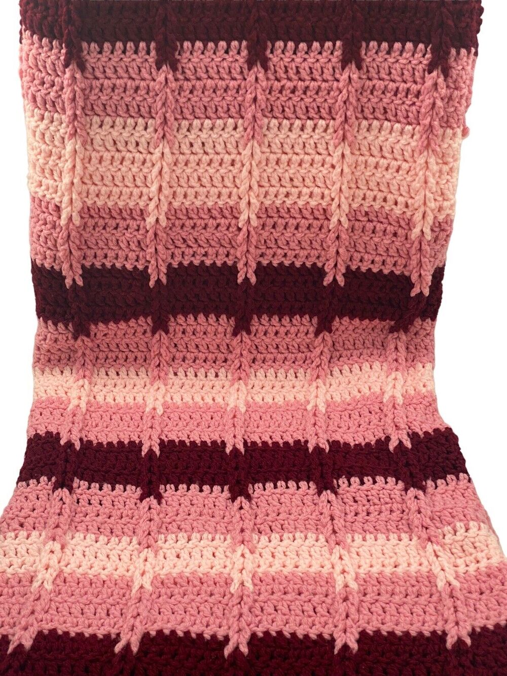 Vintage Pink Retro Afghan Blanket Throw Valentines Day Crochet Cottage 55”x60”